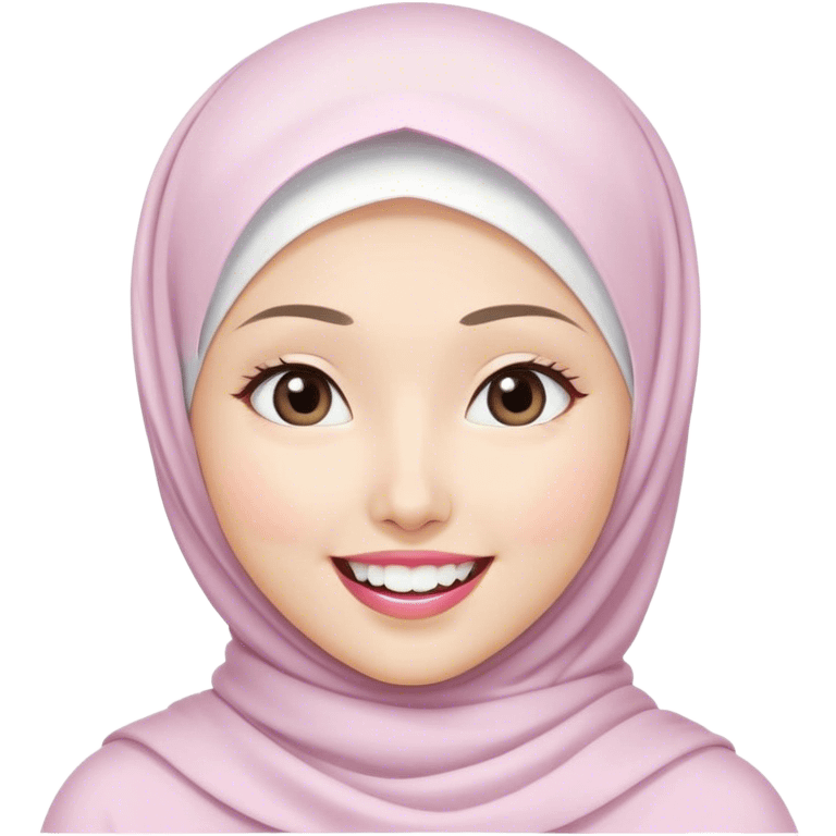 an Asian white woman with a white hijab, her face is small, her lips are pink, her eyes are shining, her face looks happy which shows her white teeth, her eyes are also smiling emoji