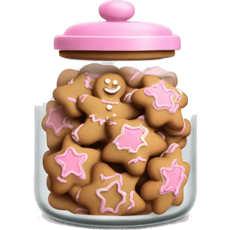 Realistic glass cookie jar with light pink lid full of gingerbread cookies isolated.  emoji