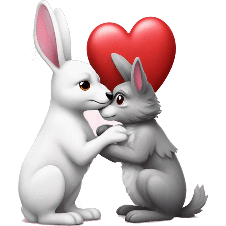 Old Wolf kisses a white Bunny who has pink ears, with big red heart between them emoji