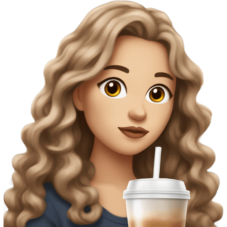 aesthetic white girl with brown wavy hair and brown eyes sipping an iced americano in a cute coffee shop  emoji