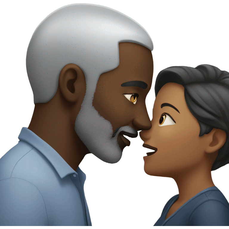 Woman with short silver hair kissing black man with short beard emoji