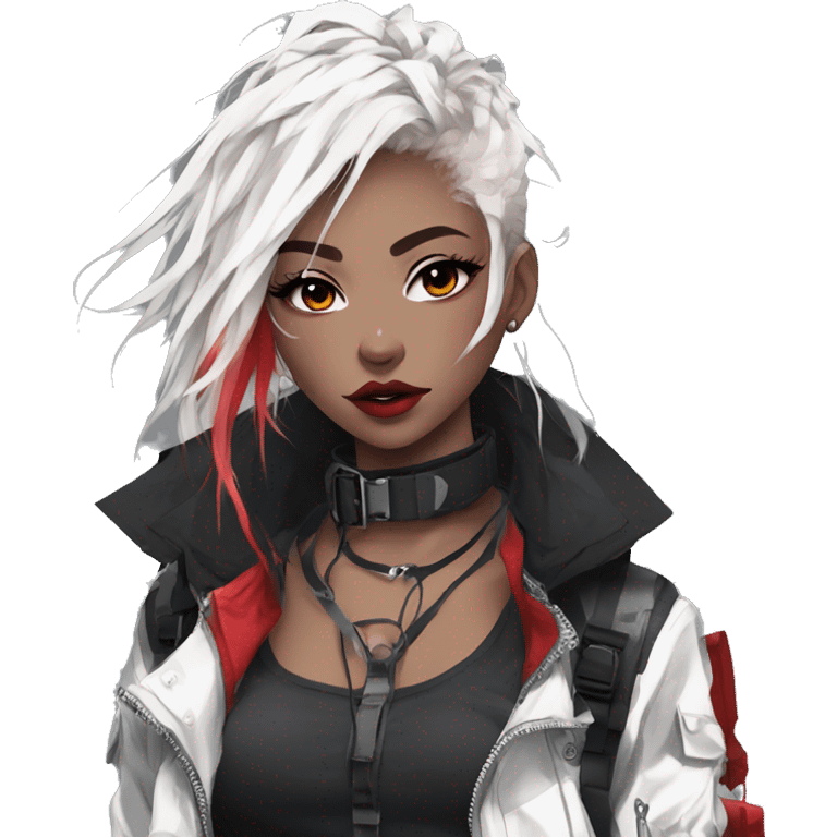 Gorgeous techwear anime style lady with blushing face aesthetic and pretty edgy black red white punk messy hair with collar and harness trending style emoji