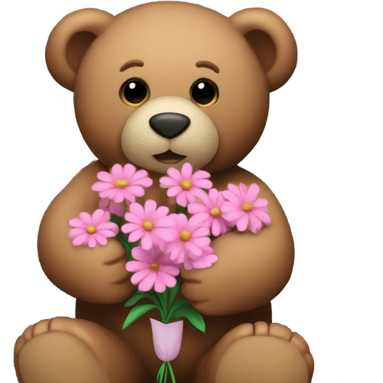 a teddy bear holding pink flowers emoji