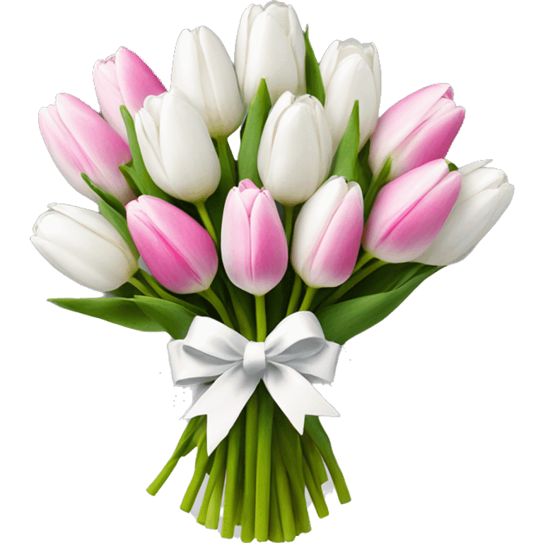 bouquet of white tulips and some pink tulips with a bow around it emoji