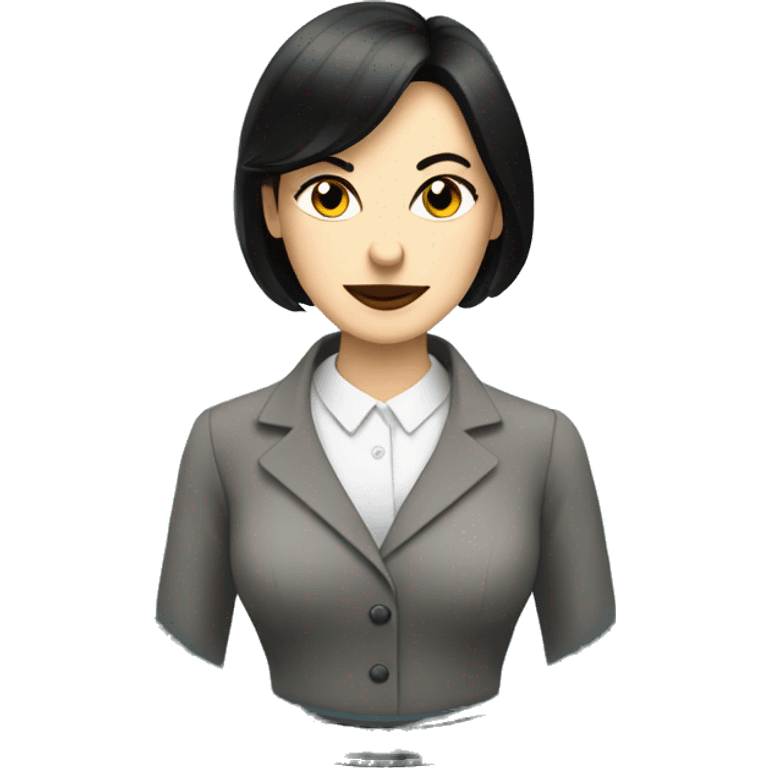 a well dressed white woman, black hair, with a text bubble and a clock emoji