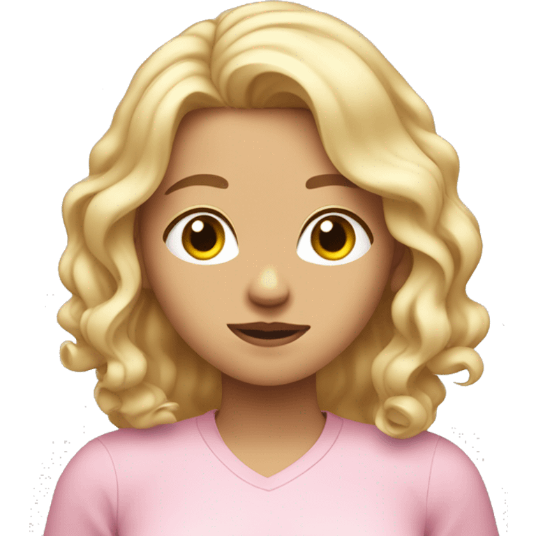 blonde girl with shoulder length wavy hair doing an i don't know pose wearing a light pink shirt  emoji