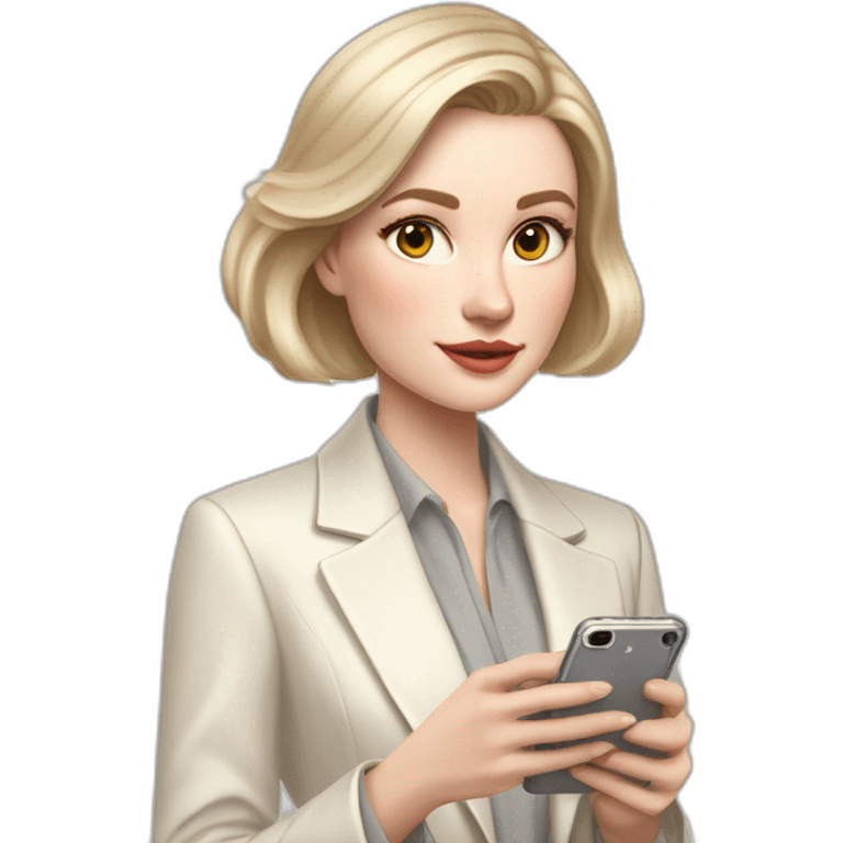 pale skin woman with ash blonde Straightened bob Hair, White Spacious classical jacket, beige palazzo Arrow pants and gray blouse holding white IPhone 15 pro in the hands emoji