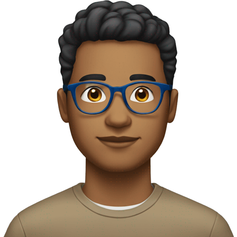 23 year old, brown man, black hair taper fade haircut, clear glasses, wide head, blue shirt emoji