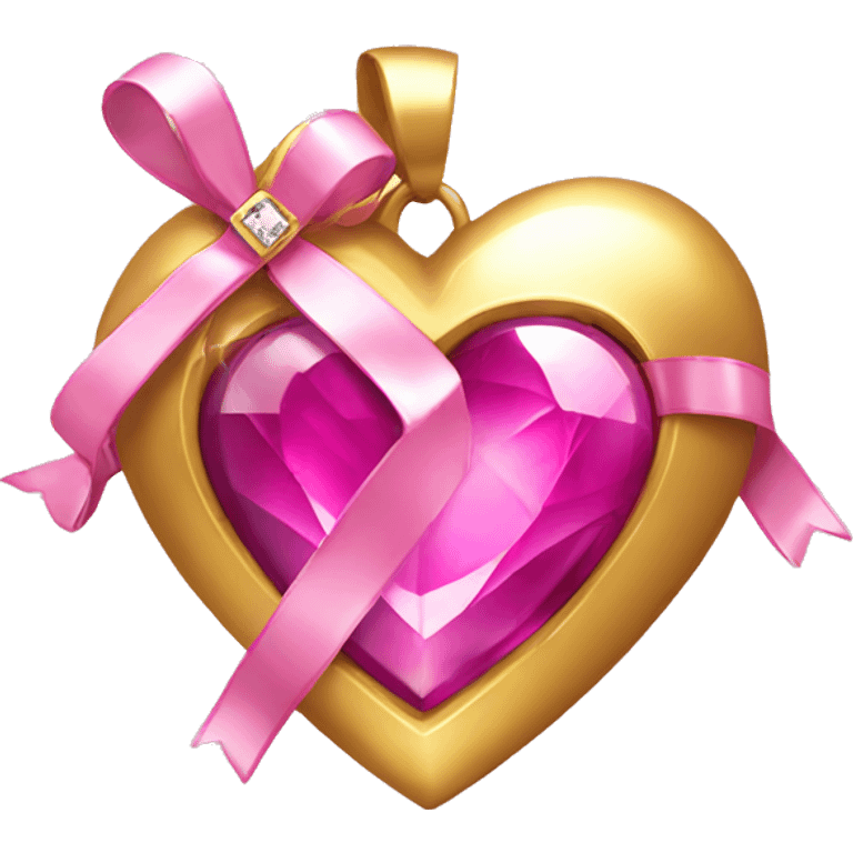 gold heart with pink gemstone and ribbons emoji