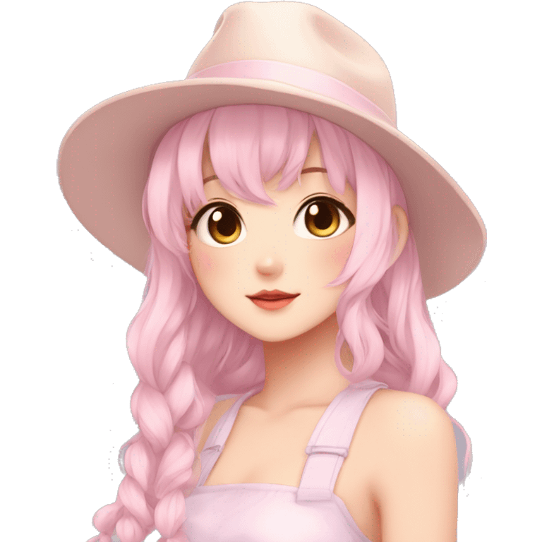 Gorgeous pastel anime girl with blushing face and hair garnitures and pretty hair and a hat aesthetic trending style emoji