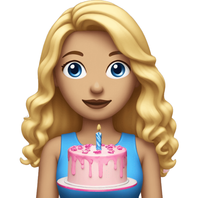 Woman with long blonde hair and blue eyes holding a pink birthday cake  emoji