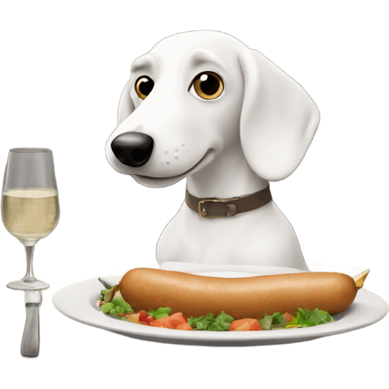 White sausage dog at table eating dinner emoji