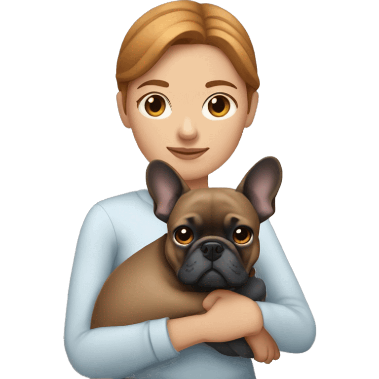 caramel hair woman with dark eyes hugging dark gray french bulldog emoji