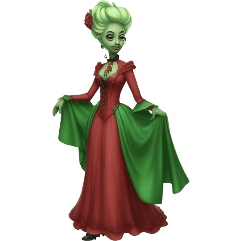 "galora green blonde alien woman" in red Victorian dress elegant, full body, on pegaso emoji