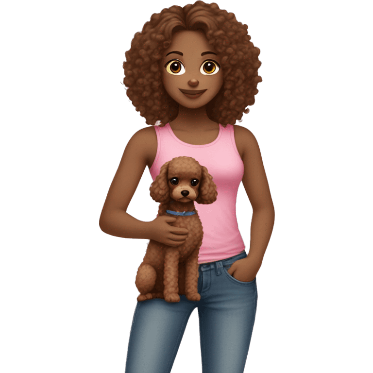 Girl with white skin long brown curly hair and a pink tank top with jeans and a bow in her hair and she is holding a small poodle that is brown emoji