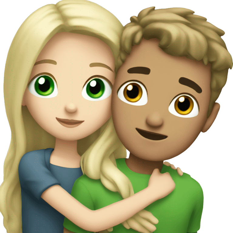 brunette girl and green eyes with blonde boy and blue eyes hugging emoji