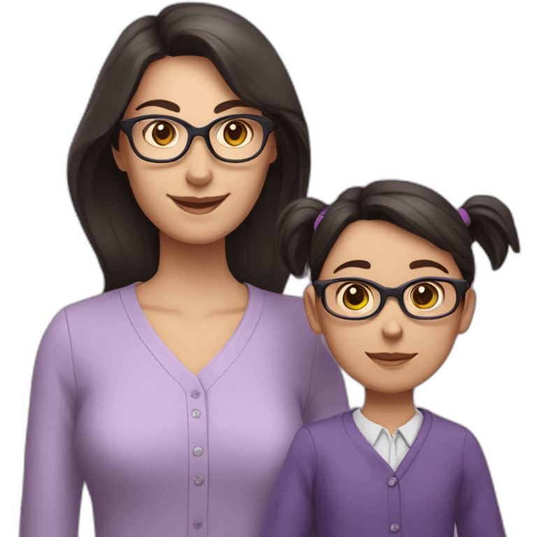 girl teacher in glasses with dark hair teacher in a lilac shirt with child emoji