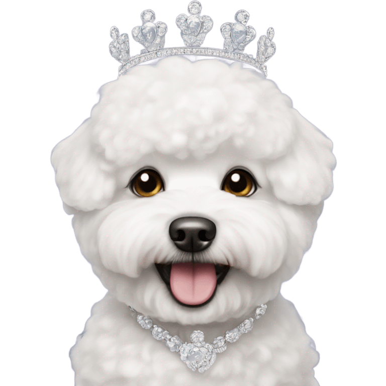 A happy, cute and fluffy Bichon Frise wearing a tiara  emoji