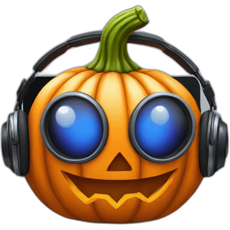 halloween pumpkin with headphones on sitting in front of a laptop emoji