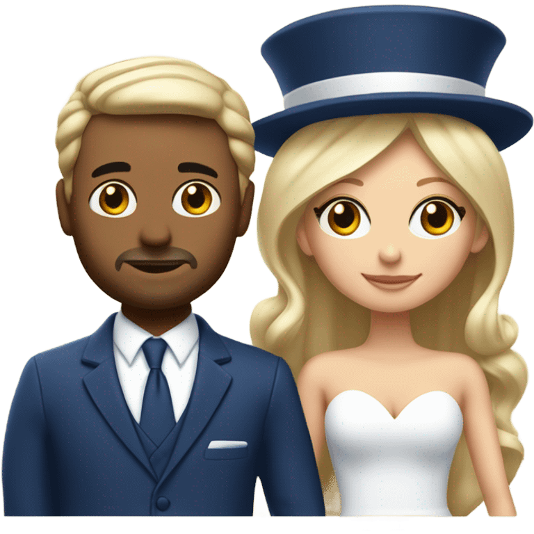 Puerto rican beard short hair with blue hat and navy blue suit getting Married with blond long hair girl with white  wedding dress  emoji