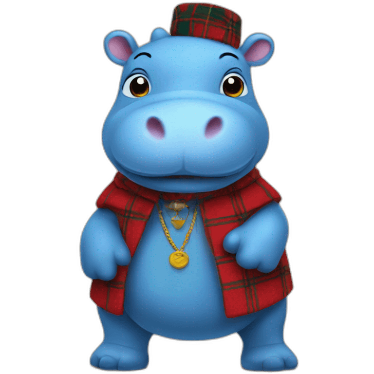 Blue hippo in traditional Scottish red clothing emoji