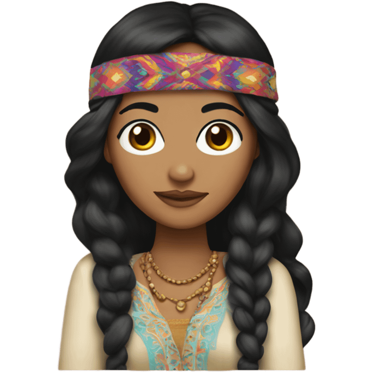 Tanned woman with black hair dressed in 1970s hippie attire, hair, makeup, and  attire with headband  emoji