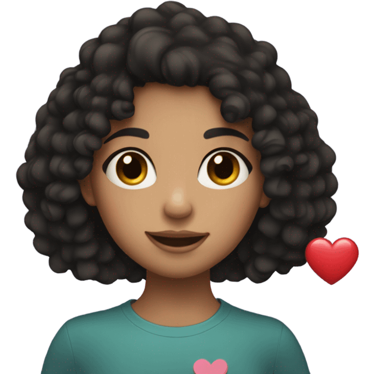 A girl with black curly hair, freckles, tan skin, holding a heart  emoji