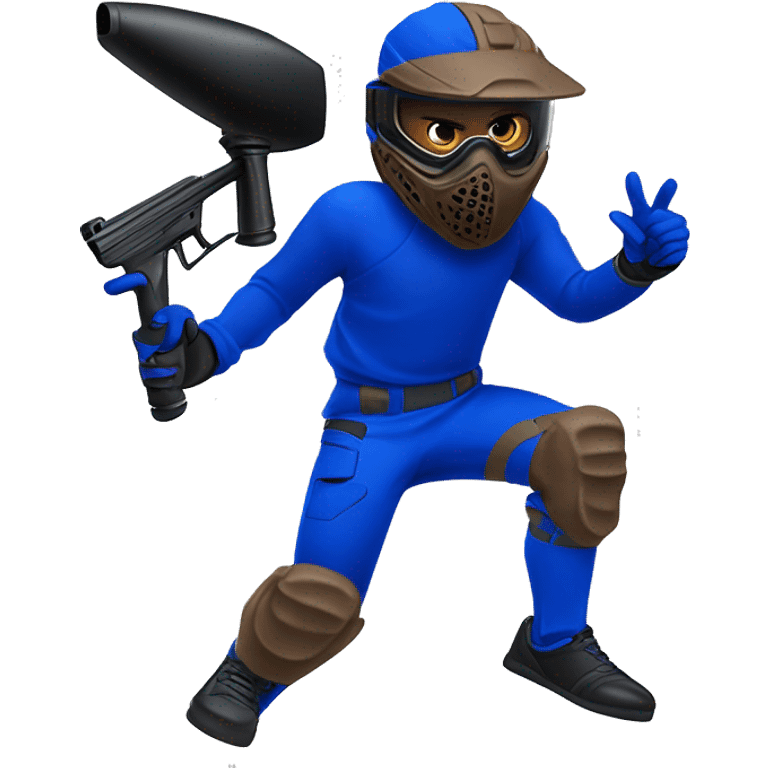 Brown skin paintball player wearing a royal blue long sleeve jersey, black pants and running with a paintball gun in hand emoji