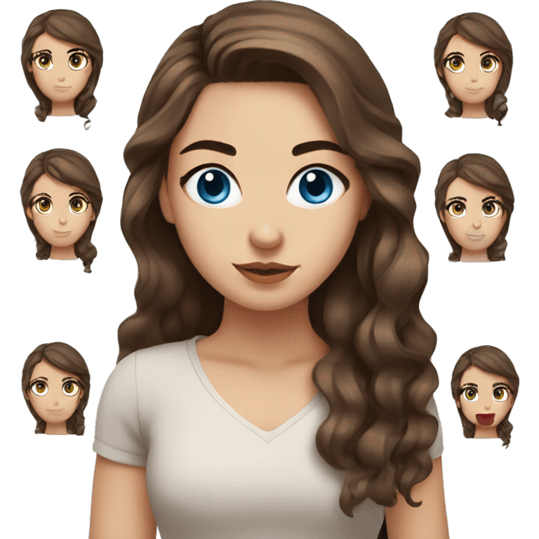 blue eyes, long wavy brown hair, thick eyebrows, long eyelashes, girl emoji