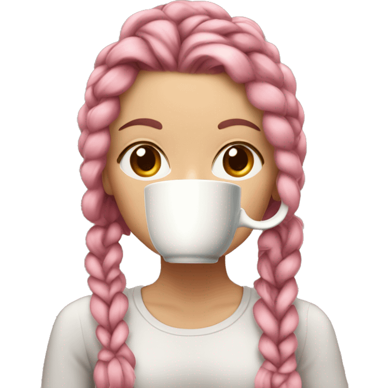 White girl with braided pink and burgundy hair and hazel eyes drinking coffee emoji