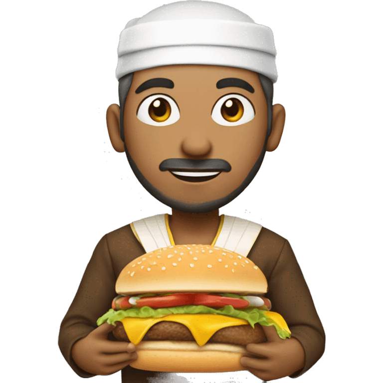 White skinned khaleeje men wearing GCC traditional clothes holding cheeseburger  emoji