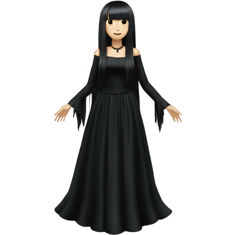  one single goth women full body, wearing long big bell arms, black dress, long hair with bangs, white skin, dark hair,  emoji