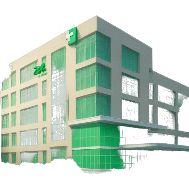 Hospital building with green sign written “24h” in it emoji