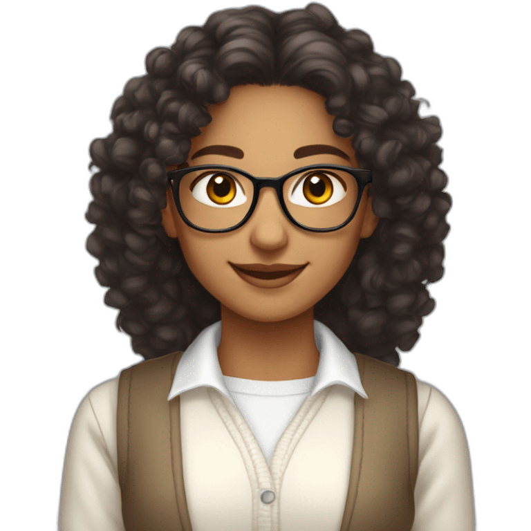 smiling indian teenage girl with curly hair and glasses wearing a collared long sleeve white shirt under a white sweatervest emoji