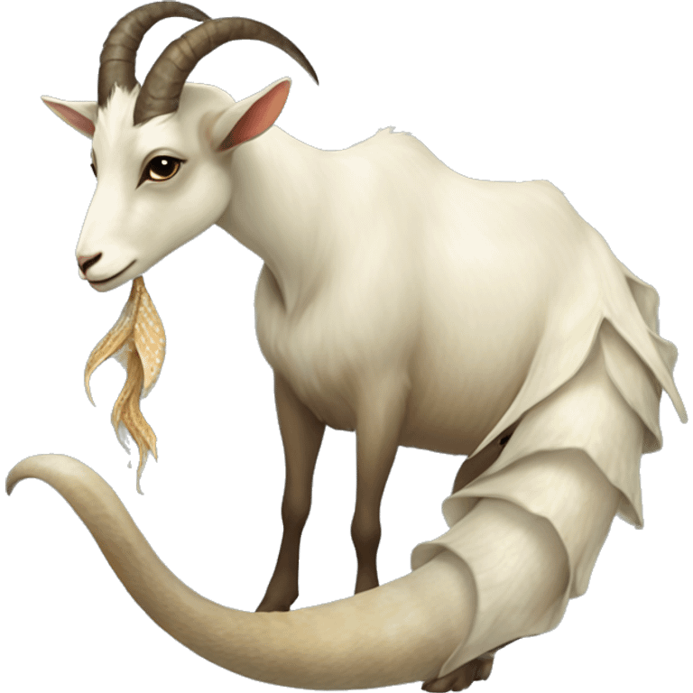 Goat attached to a long wrapped up mermaid fish tail, creature mythology, watery earthy tones emoji