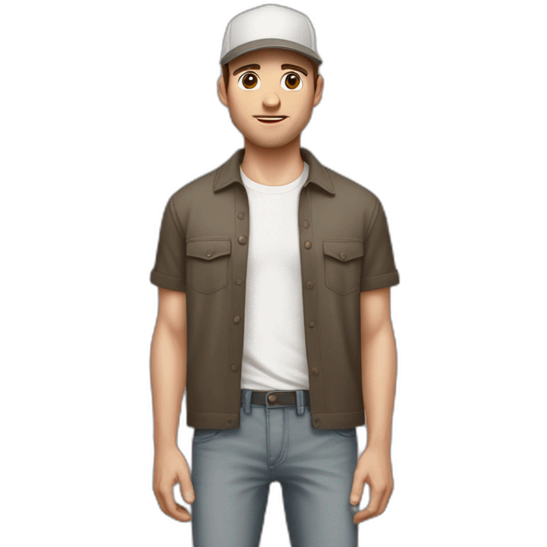 Pale skinned fit Man with dark brown hair in a light gray cap, dark brown jeans, brown polo and white T-shirt keeping a pasted with tape white box into his hands emoji