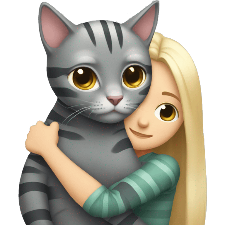 gray cat with dark gray stripes hugging a fair-haired girl emoji