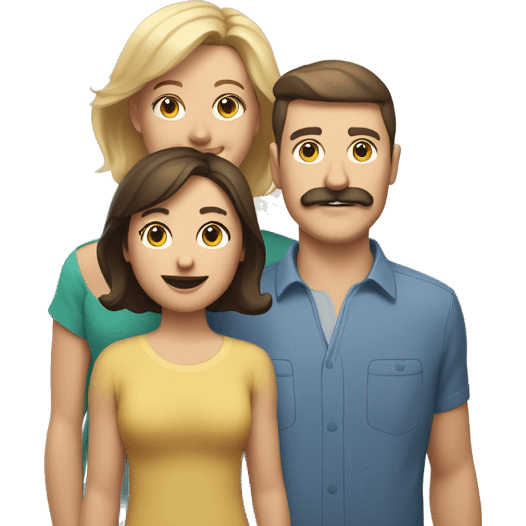 Caucasian family of brunette mother, brunette father with mustache, and sandy blonde son no facial hair emoji