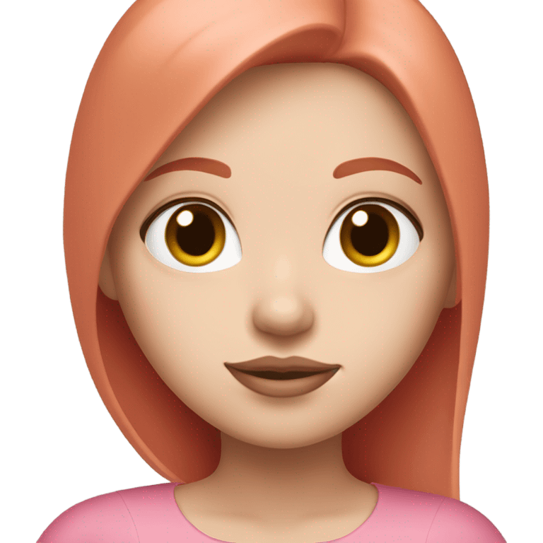 girl with straight short red hair, white skin, big pinky lips, big eyes, calm face, in pink clothes works on macbook emoji