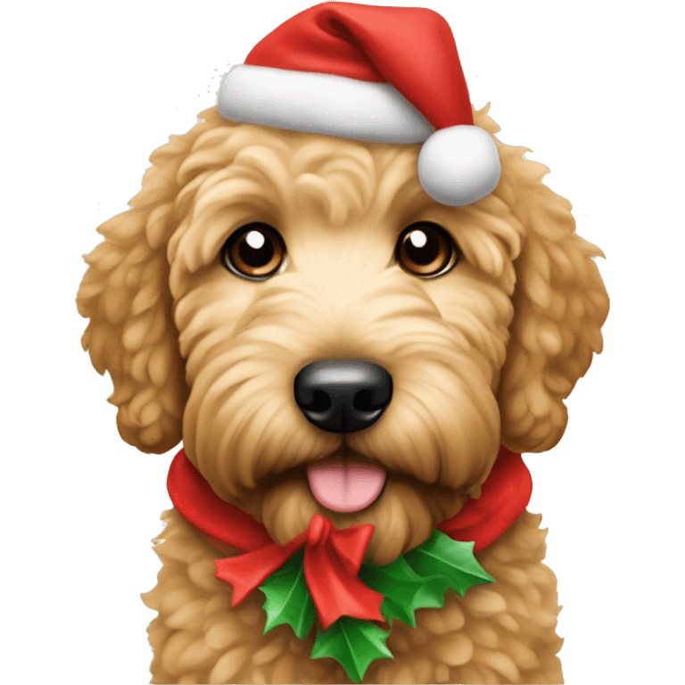 Golden doodle puppy with a Christmas costume  emoji