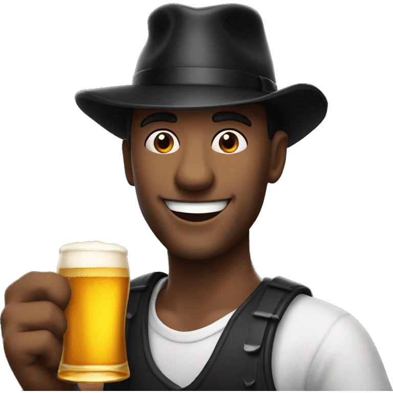 Man with a black hat holding a beer and wierdly smiling emoji