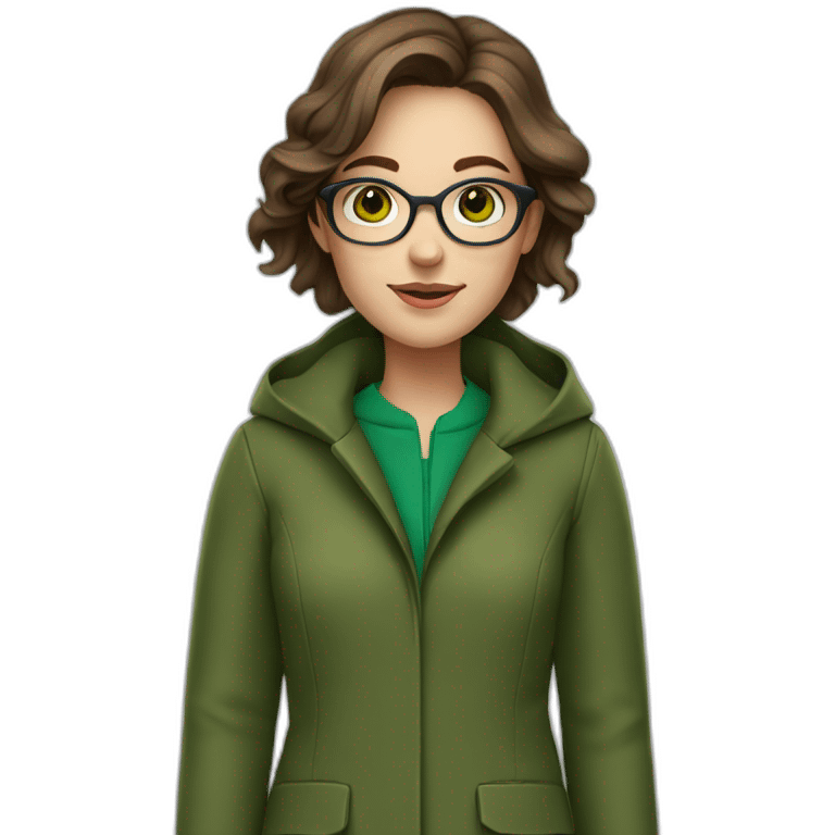 brown haired girl in green coat with green eyes and glasses emoji