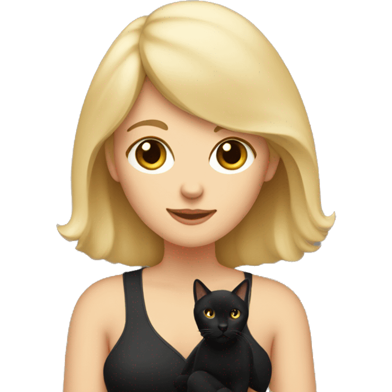 Blonde mom with bangs holding black cat with white chest emoji