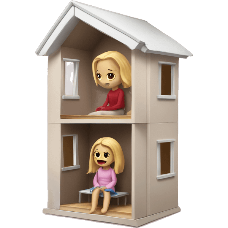 A broken-down dollhouse with a doll sitting inside, lifeless and blank-eyed emoji