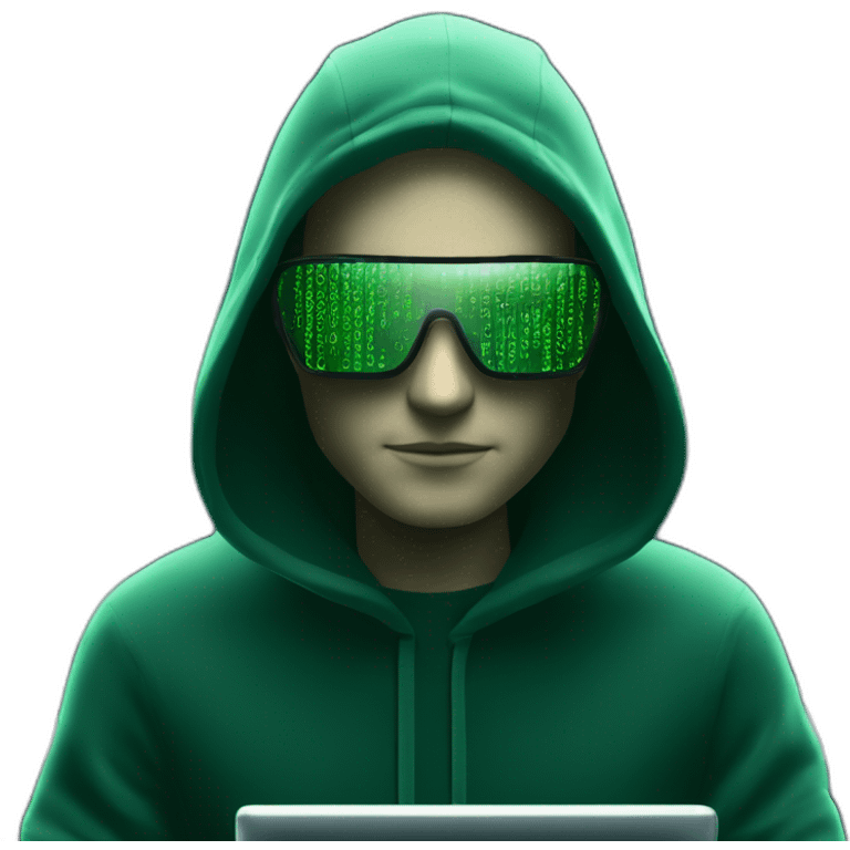 Matrix hacker with black sweat and green code glass reflects and in front of a computer emoji