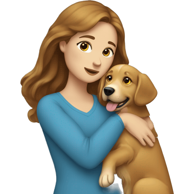 Woman with brown hair and blue eyes hugs golden retriever  emoji