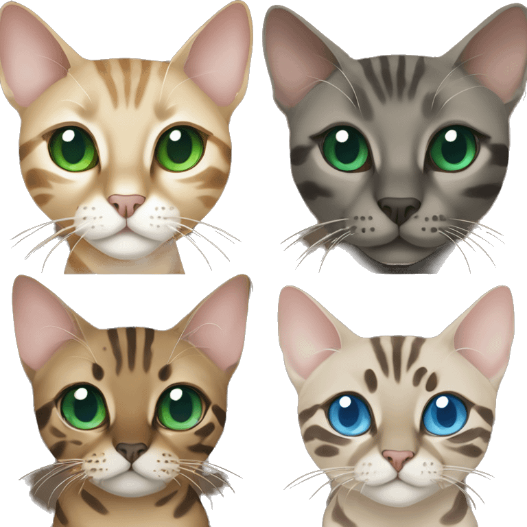 Seal Bengal cat with Blue eyes + charcoal Sepia bengal cat with Green eyes sit Next to each other  emoji