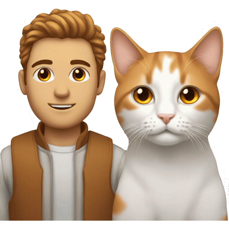 Man with brown eyes and hair take a white orange kitty emoji