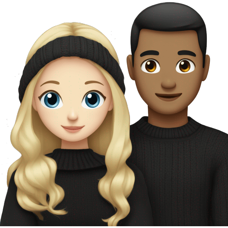 Blonde girl with blue eyes in black sweater and an east asian man with black hair and black eyes hugging emoji