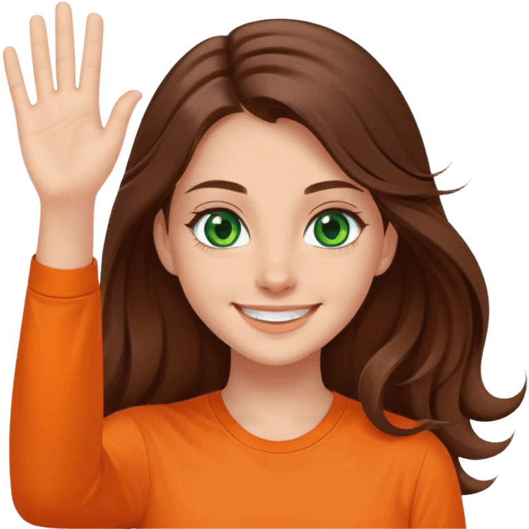 smiling girl with long brown hair, middle hair split, waving, green eyes, orange shirt emoji